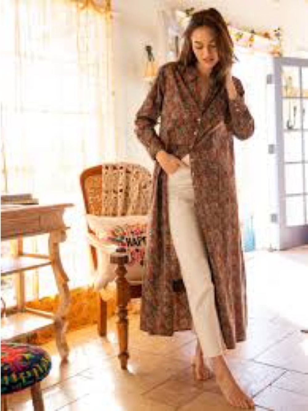 NATURAL LIFE Long Sleeve Floral Maxi Shirt Dress in Rust Brown and Olive - Picture 4 of 13